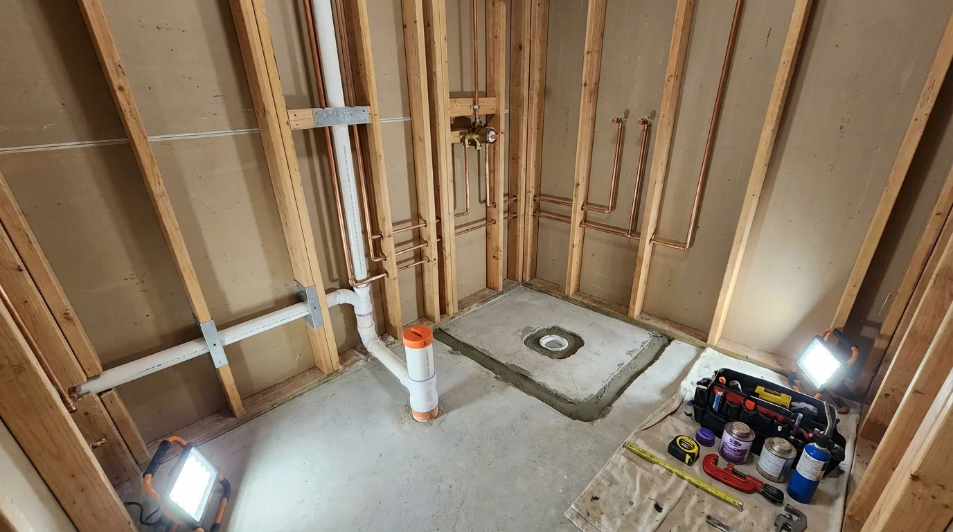 Bathroom rough-in plumbing during remodel by Johns Plumbing LLC in Lyndhurst