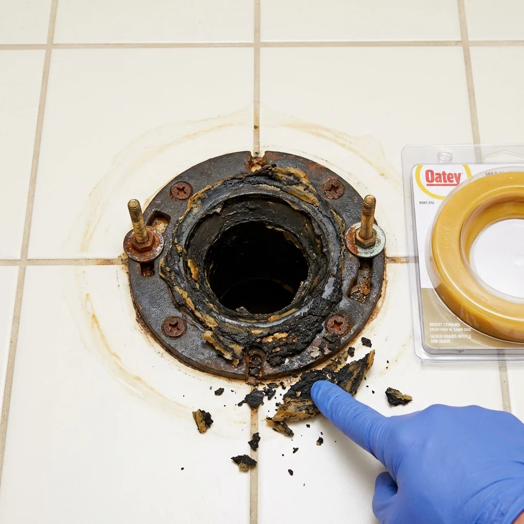 Failed wax ring showing water seepage at the base of a toilet in a Lyndhurst, VA home