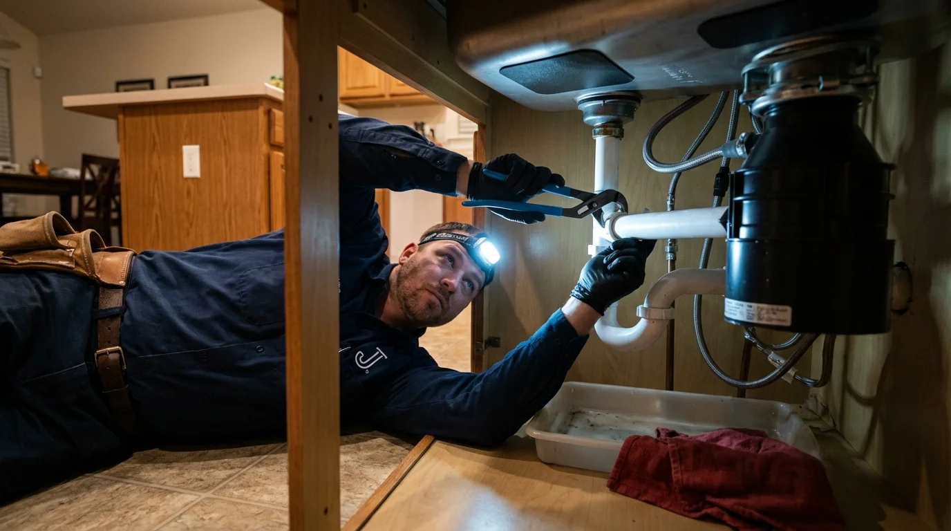 P-trap and supply line connections under a kitchen sink showing a common leak point in Lyndhurst, VA